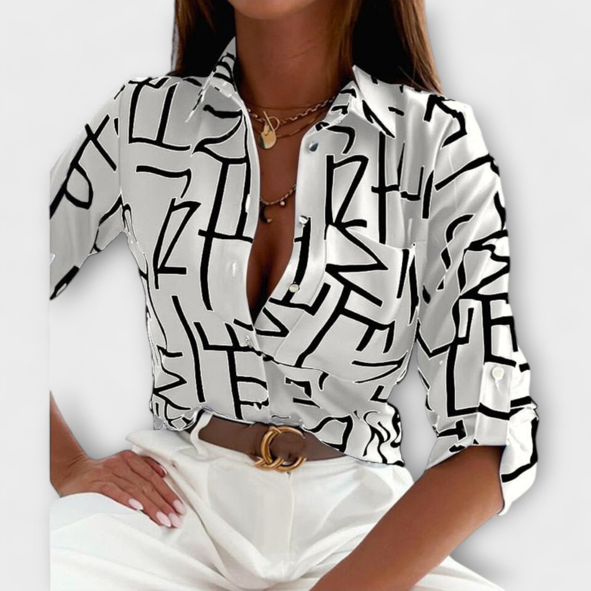 Abstract Print Satin Chest Pocket Button Down Shirt Blouse