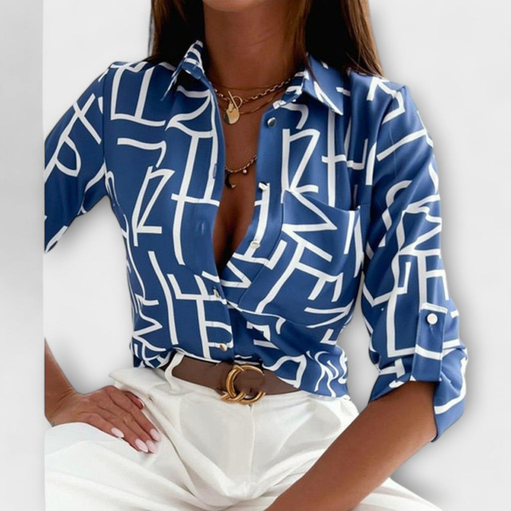Abstract Print Satin Chest Pocket Button Down Shirt Blouse