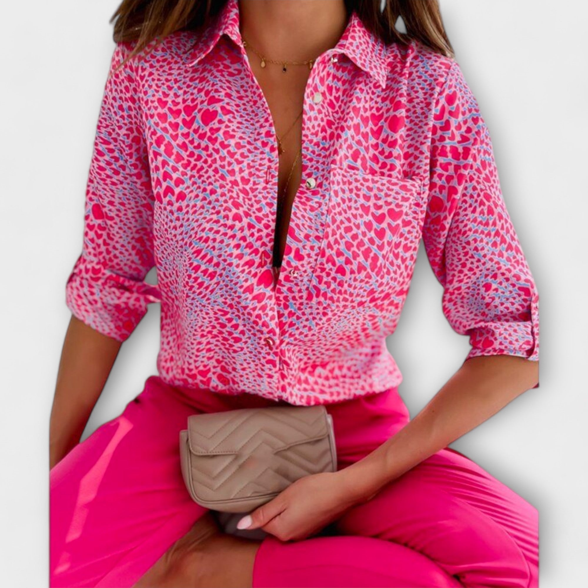 Abstract Print Satin Chest Pocket Button Down Shirt Blouse