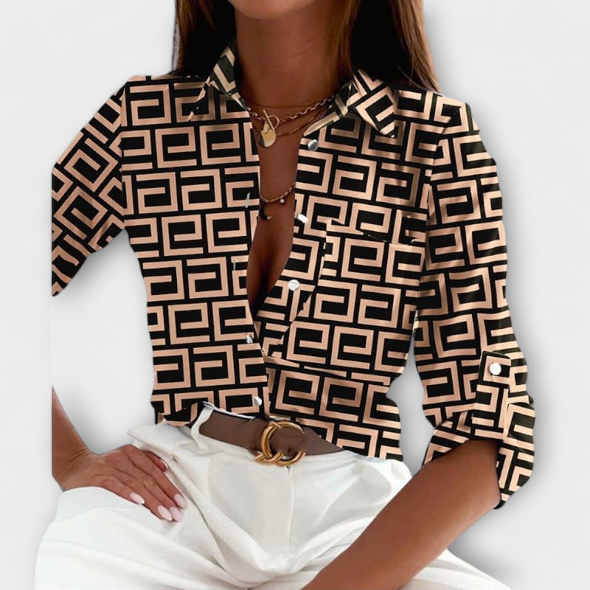 Abstract Print Satin Chest Pocket Button Down Shirt Blouse