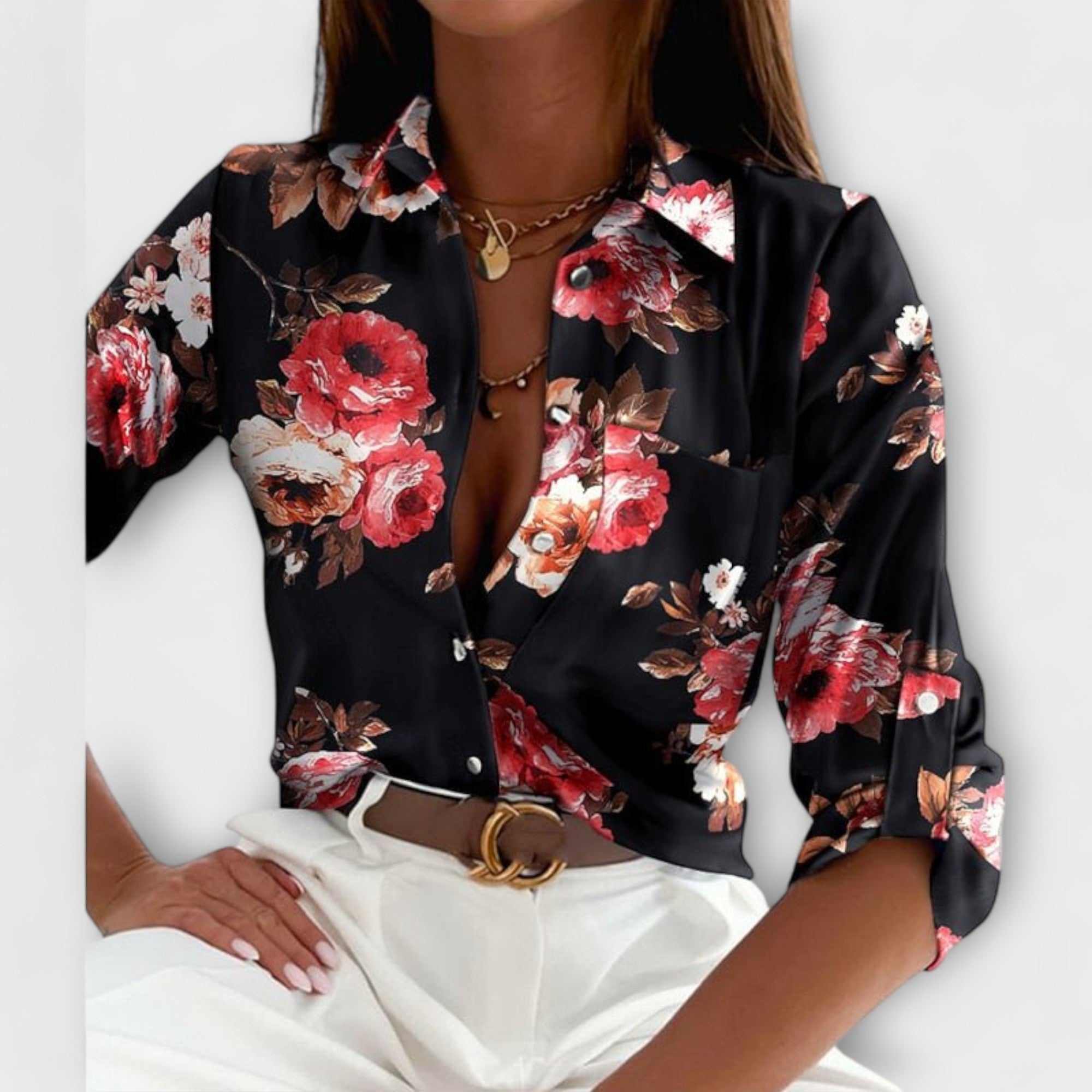 Abstract Print Satin Chest Pocket Button Down Shirt Blouse
