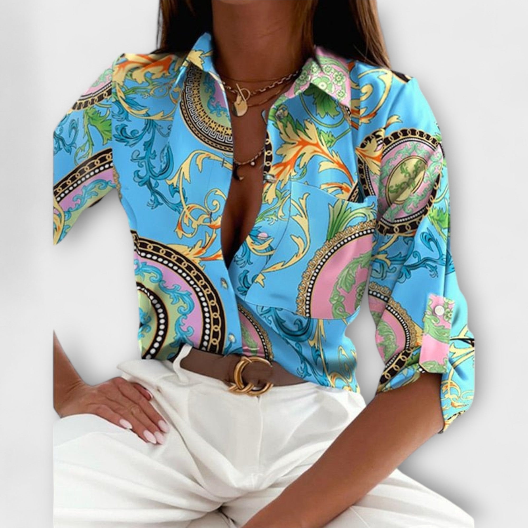 Abstract Print Satin Chest Pocket Button Down Shirt Blouse