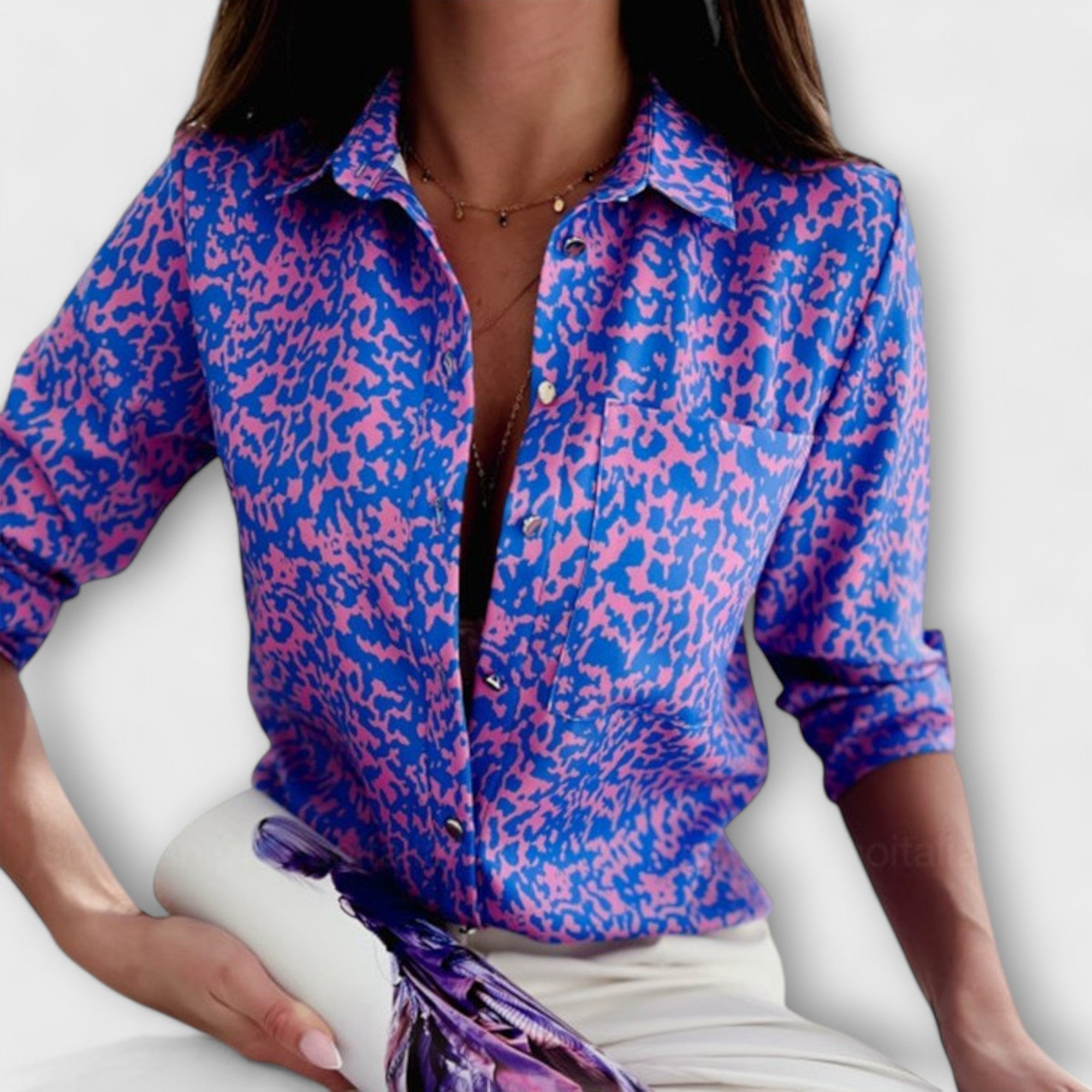 Abstract Print Satin Chest Pocket Button Down Shirt Blouse