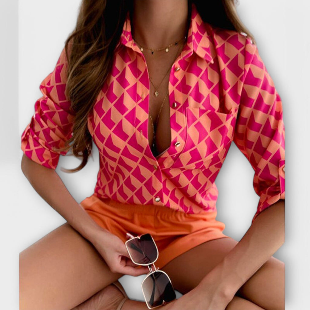 Abstract Print Satin Chest Pocket Button Down Shirt Blouse