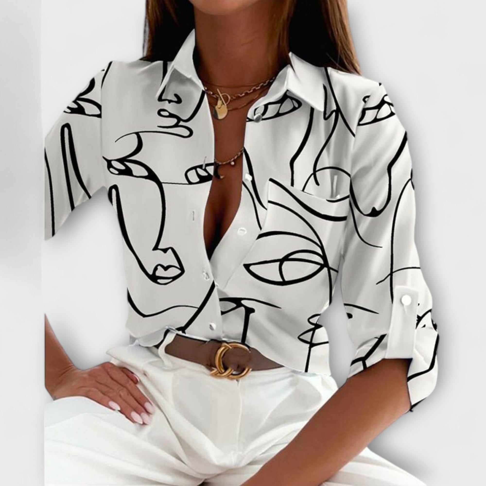 Abstract Print Satin Chest Pocket Button Down Shirt Blouse