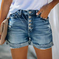 High Waist Button Fly Distressed Rolled Hem Denim Short
