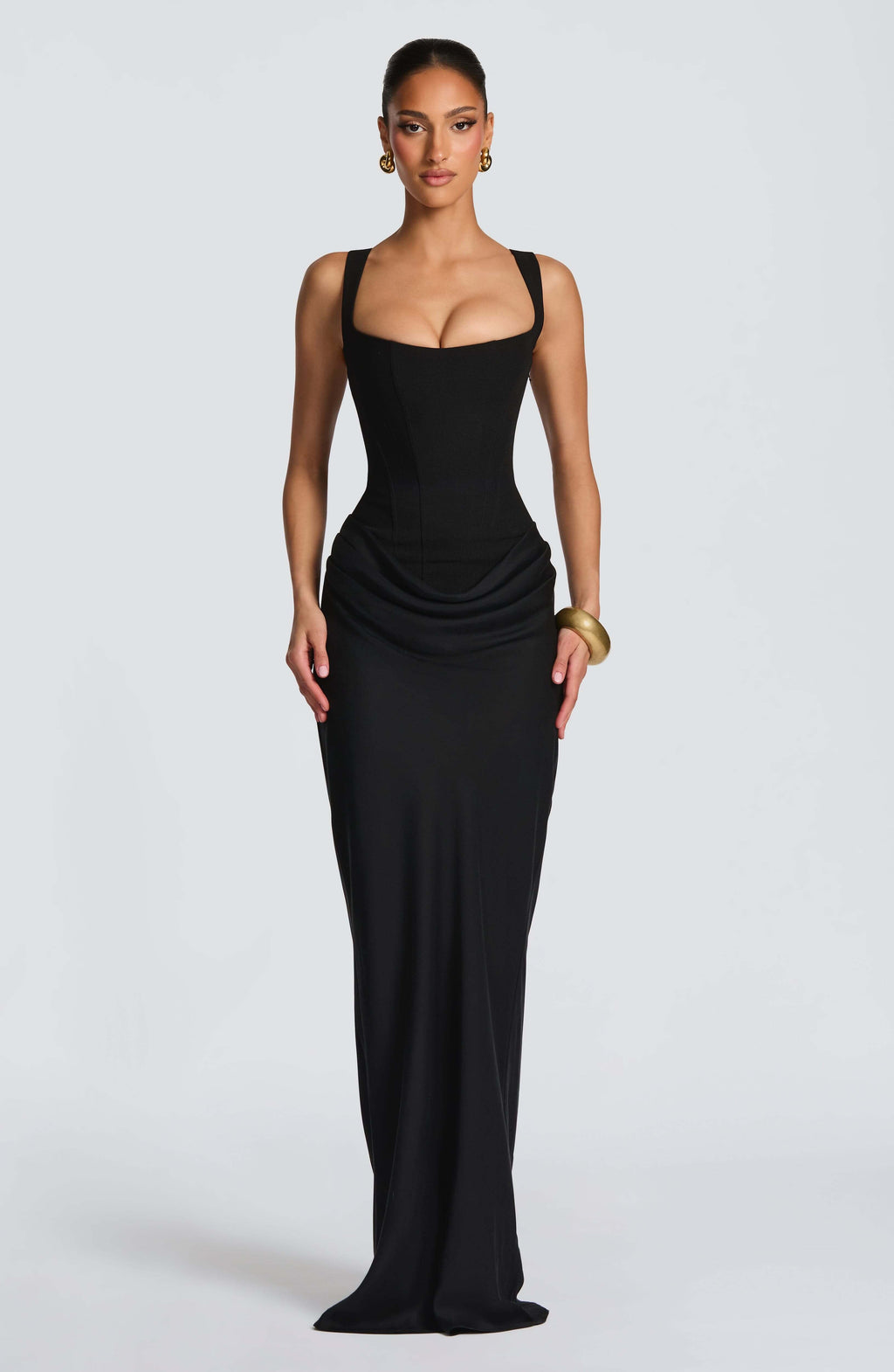 Scoop Neck Sleeveless Ruched Side Bodycon Maxi Dress - Evening Gown
