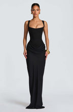 Scoop Neck Sleeveless Ruched Side Bodycon Maxi Dress - Evening Gown