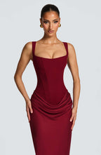 Scoop Neck Sleeveless Ruched Side Bodycon Maxi Dress - Evening Gown