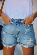 High Waist Ripped Rolled Cuff Casual Distressed Denim Short