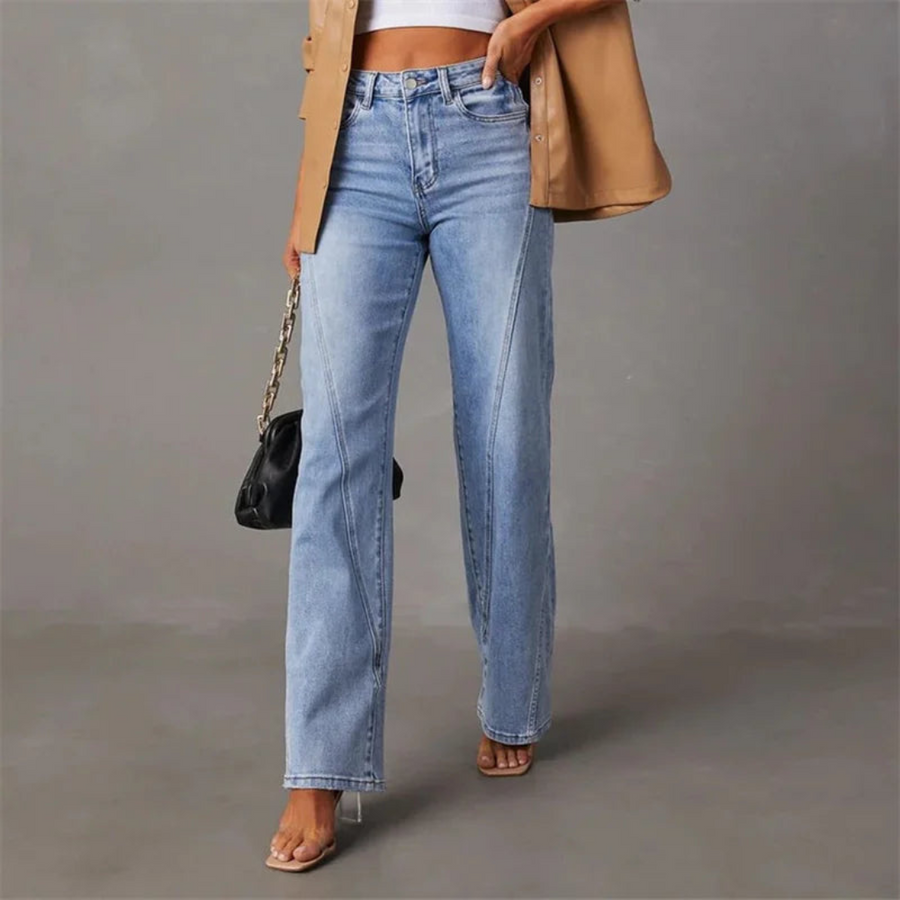 High Waist Seam Detail Light Wash Straight Leg Jeans