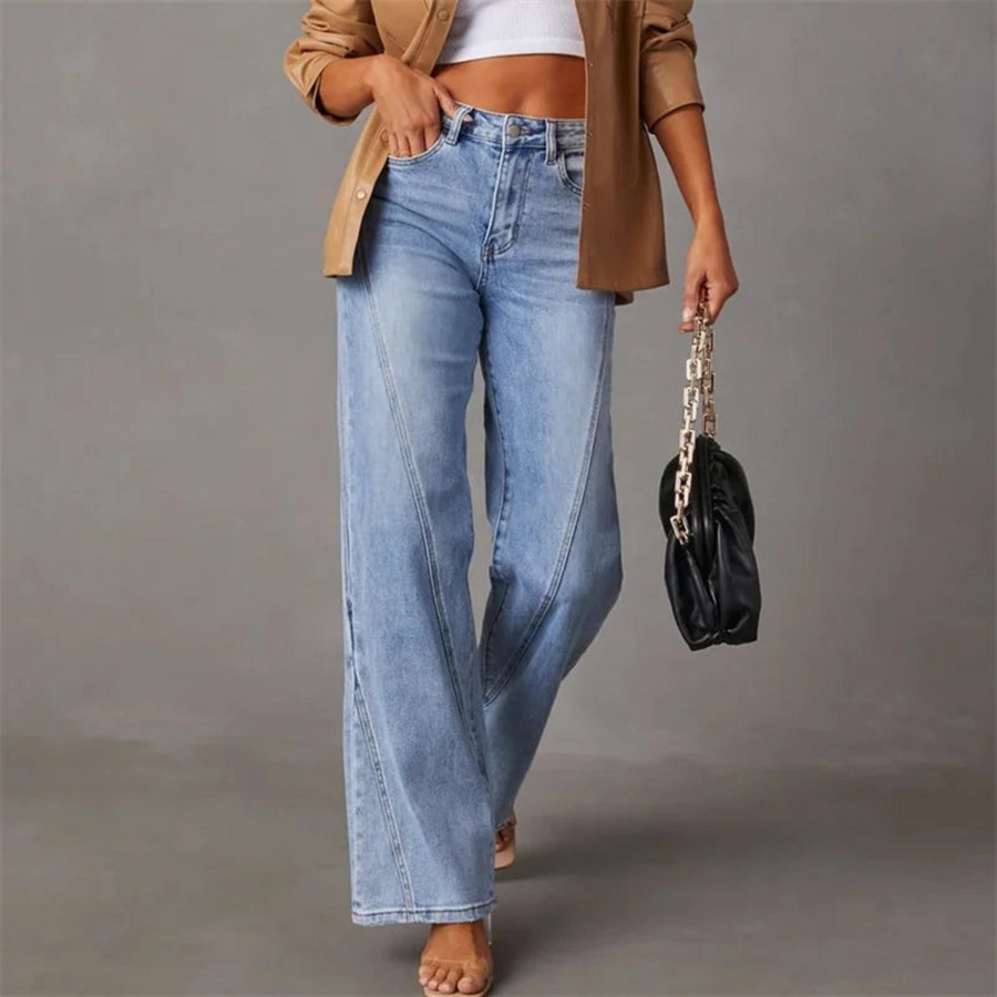 High Waist Seam Detail Light Wash Straight Leg Jeans