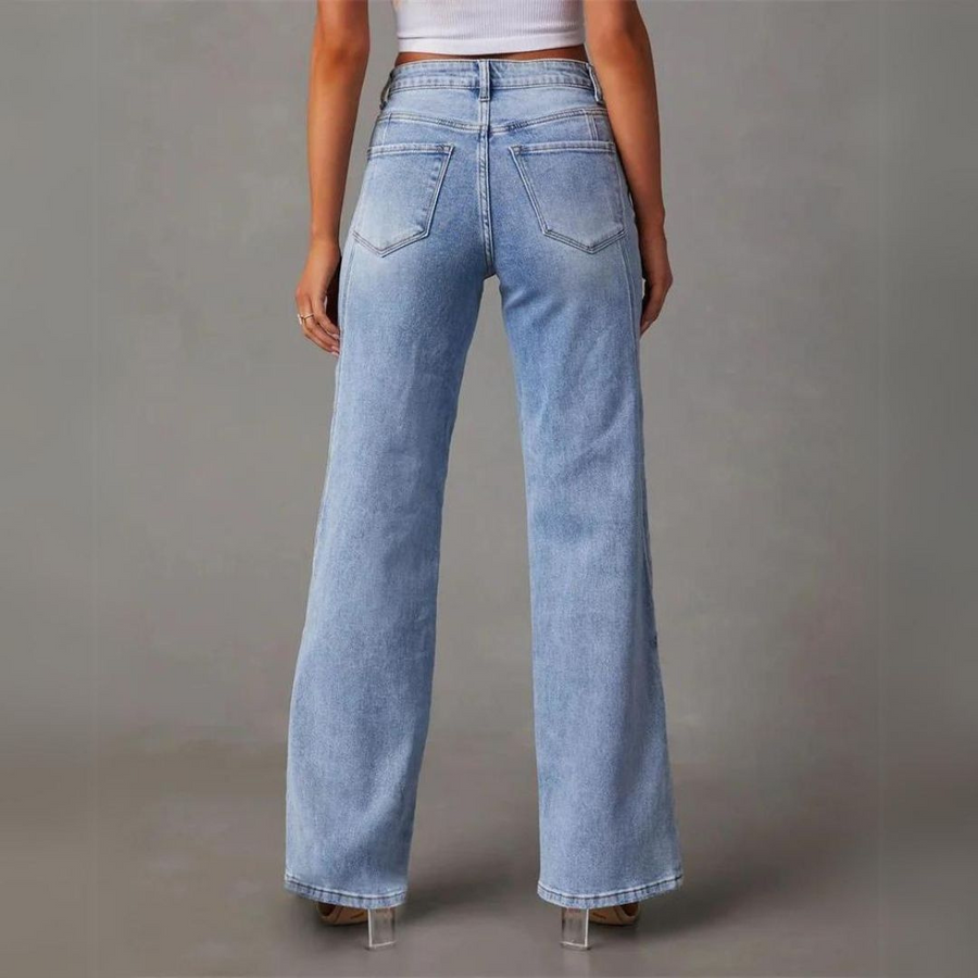 High Waist Seam Detail Light Wash Straight Leg Jeans