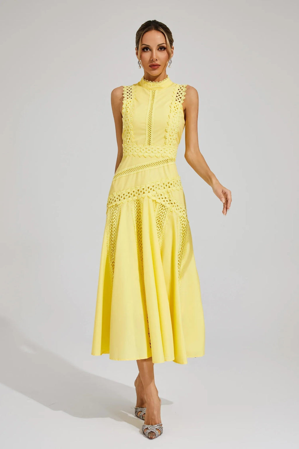 Mock Neck Sleeveless Lace Insert A Line Midi Dress - Wedding Guest