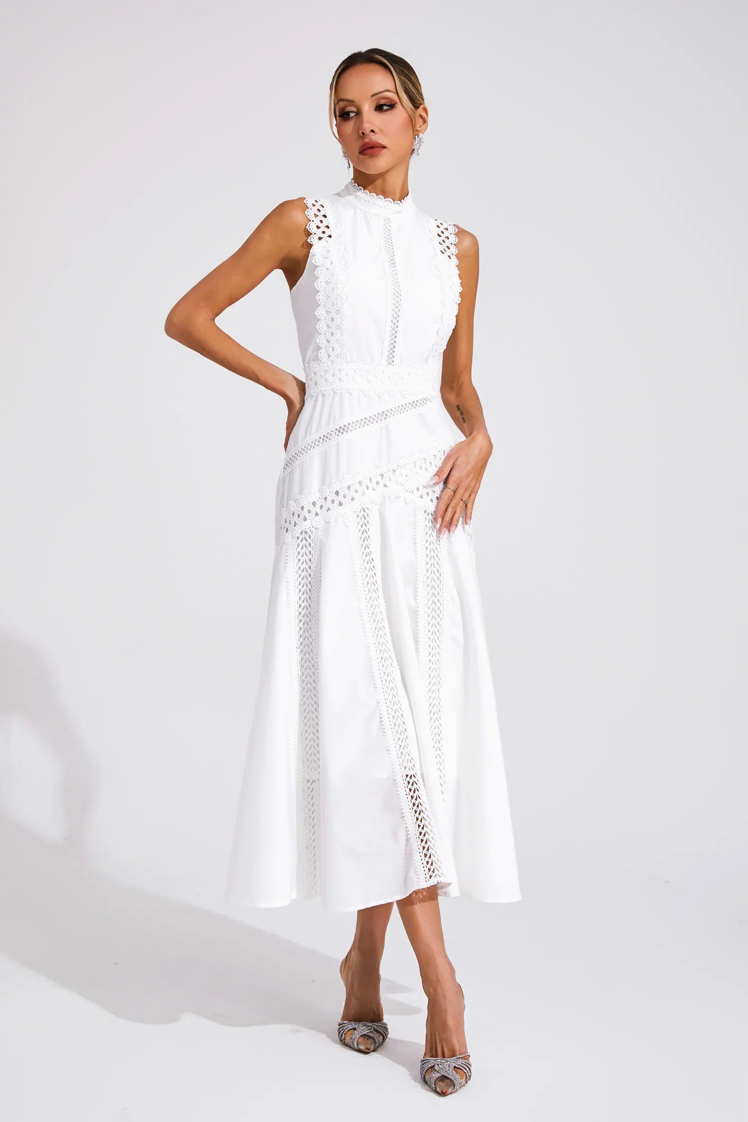 Mock Neck Sleeveless Lace Insert A Line Midi Dress - Wedding Guest