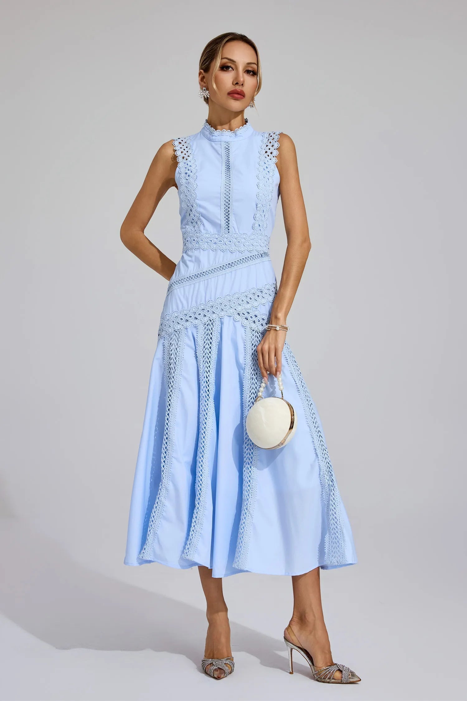 Mock Neck Sleeveless Lace Insert A Line Midi Dress - Wedding Guest