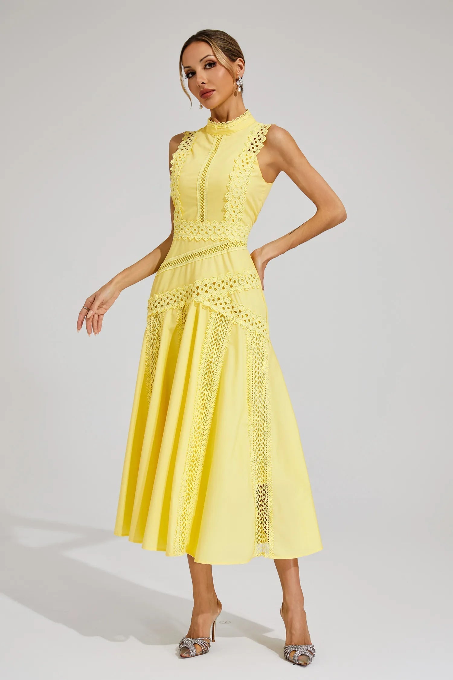 Mock Neck Sleeveless Lace Insert A Line Midi Dress - Wedding Guest