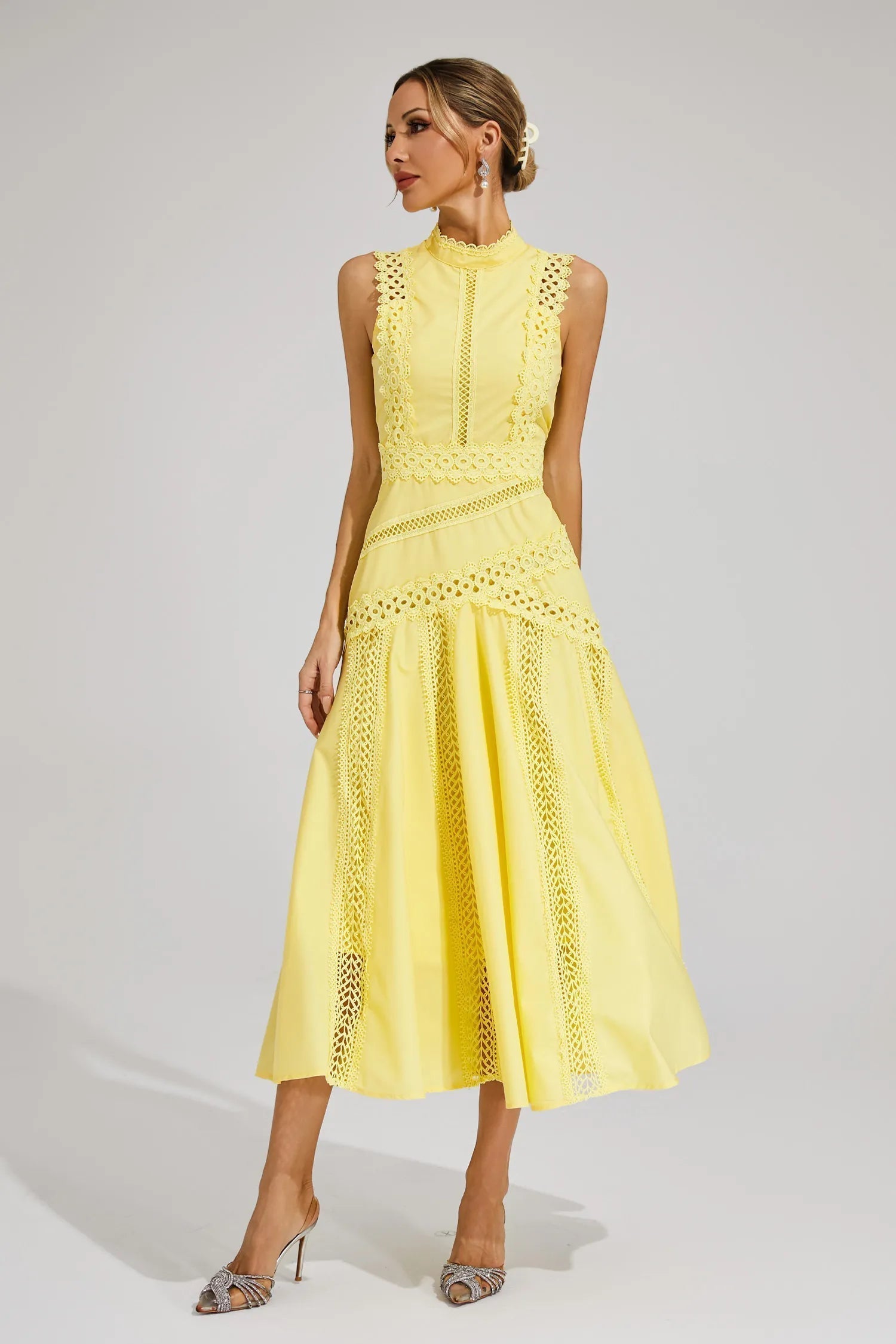 Mock Neck Sleeveless Lace Insert A Line Midi Dress - Wedding Guest
