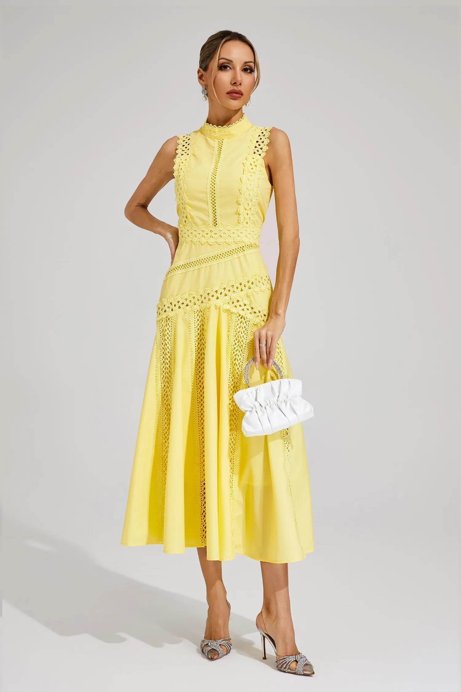 Mock Neck Sleeveless Lace Insert A Line Midi Dress - Wedding Guest