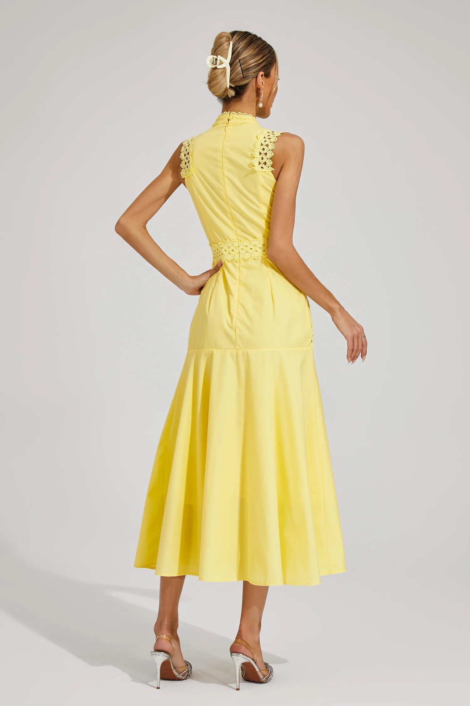 Mock Neck Sleeveless Lace Insert A Line Midi Dress - Wedding Guest