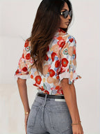 Abstract Floral Print Button Down Relaxed Long Sleeve Blouse