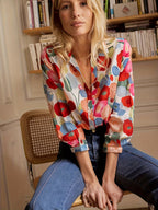 Abstract Floral Print Button Down Relaxed Long Sleeve Blouse