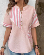 Striped Contrast Panel Button Placket Short Sleeve Casual Blouse