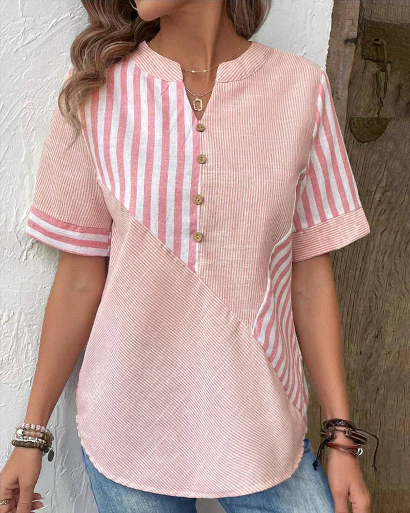 Striped Contrast Panel Button Placket Short Sleeve Casual Blouse