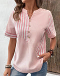 Striped Contrast Panel Button Placket Short Sleeve Casual Blouse