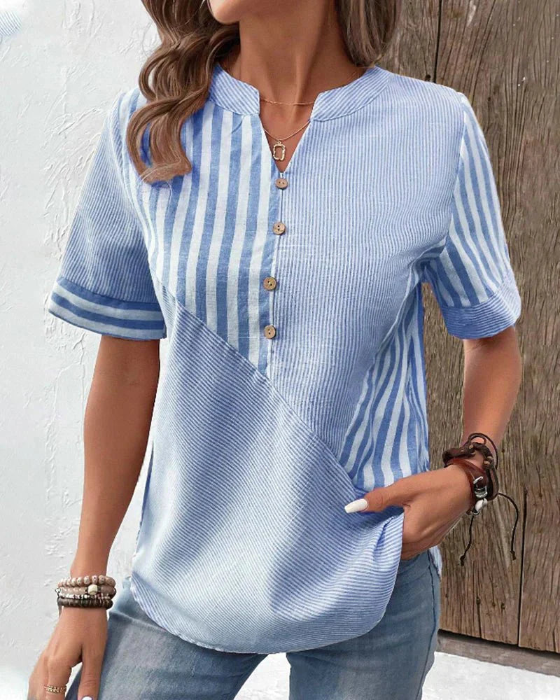 Striped Contrast Panel Button Placket Short Sleeve Casual Blouse