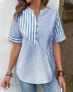 Striped Contrast Panel Button Placket Short Sleeve Casual Blouse