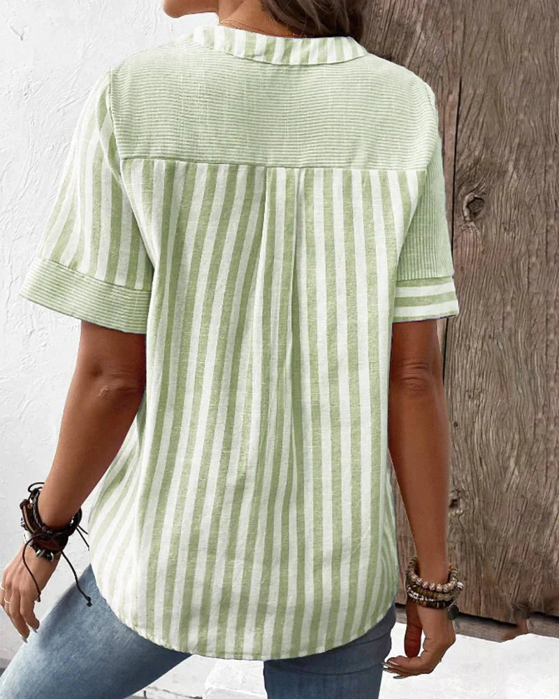 Striped Contrast Panel Button Placket Short Sleeve Casual Blouse