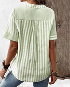 Striped Contrast Panel Button Placket Short Sleeve Casual Blouse