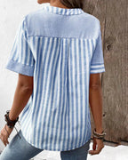 Striped Contrast Panel Button Placket Short Sleeve Casual Blouse