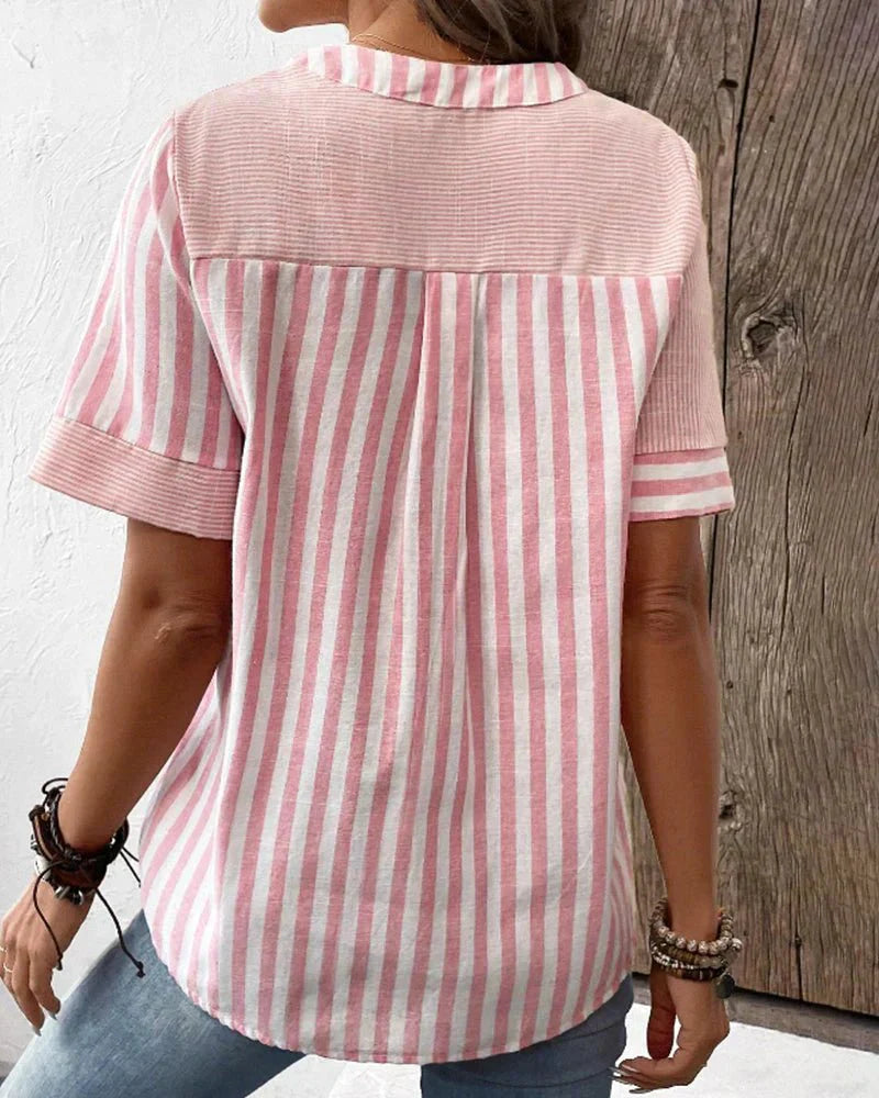 Striped Contrast Panel Button Placket Short Sleeve Casual Blouse