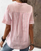 Striped Contrast Panel Button Placket Short Sleeve Casual Blouse