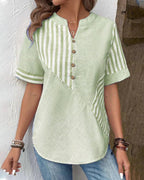 Striped Contrast Panel Button Placket Short Sleeve Casual Blouse
