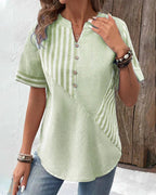 Striped Contrast Panel Button Placket Short Sleeve Casual Blouse