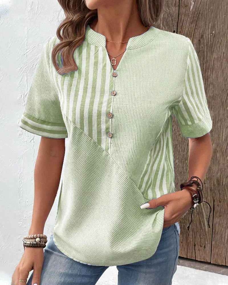 Striped Contrast Panel Button Placket Short Sleeve Casual Blouse