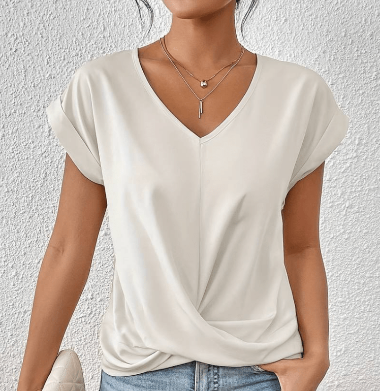 V Neck Twist Front Cap Sleeve Relaxed Casual Blouse
