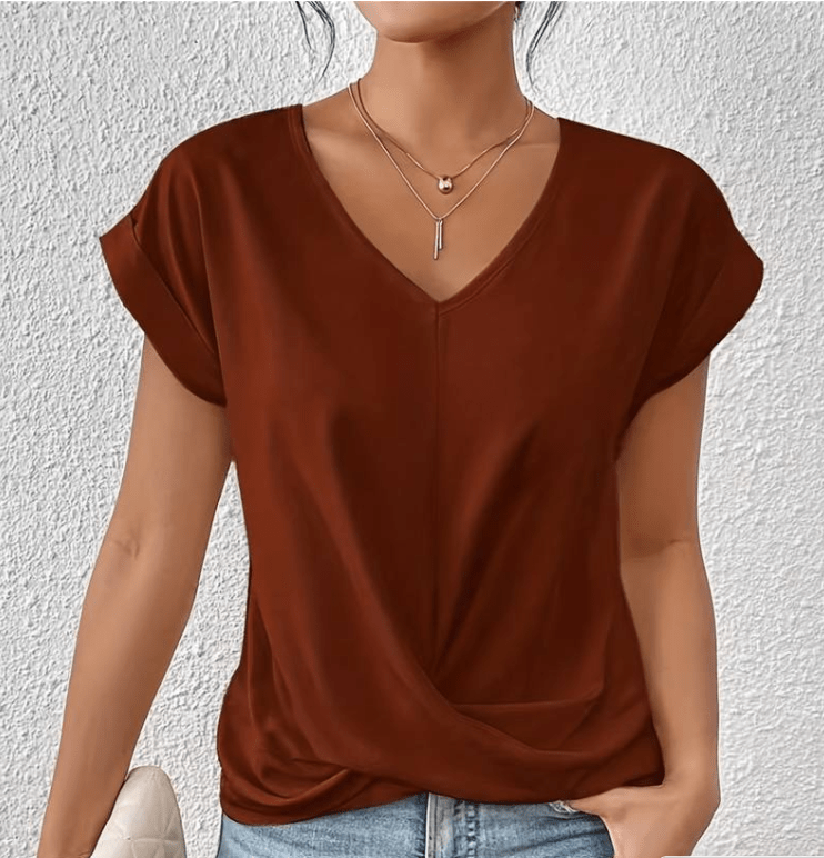 V Neck Twist Front Cap Sleeve Relaxed Casual Blouse