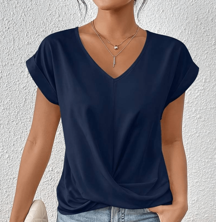 V Neck Twist Front Cap Sleeve Relaxed Casual Blouse