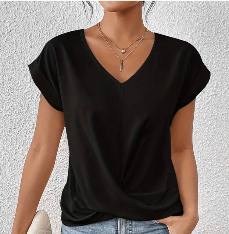 V Neck Twist Front Cap Sleeve Relaxed Casual Blouse