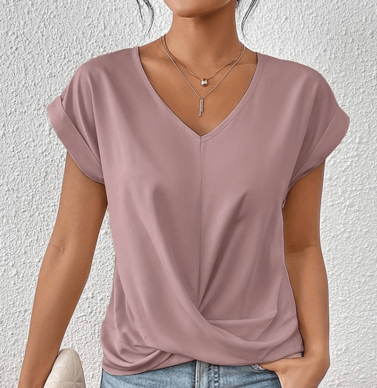 V Neck Twist Front Cap Sleeve Relaxed Casual Blouse