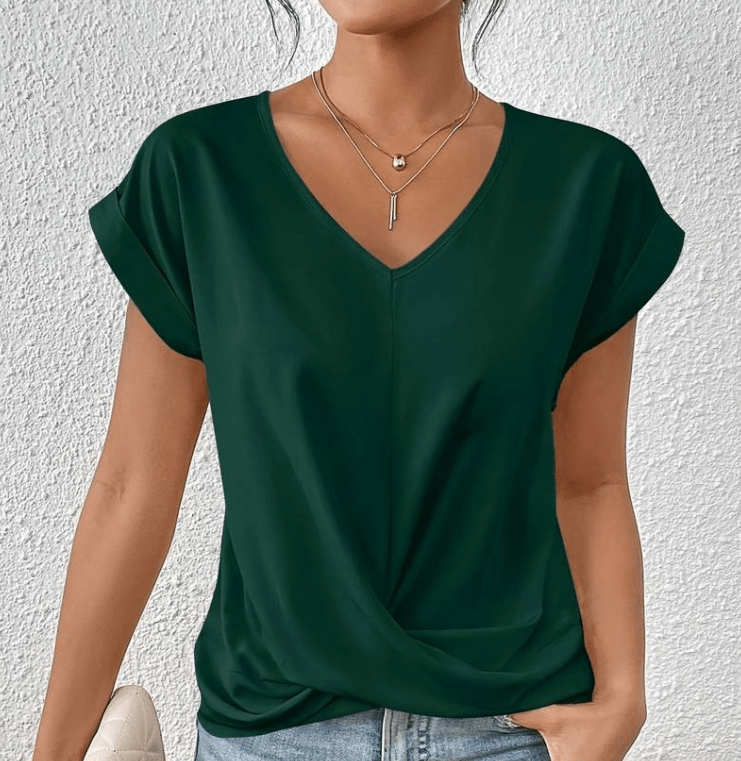 V Neck Twist Front Cap Sleeve Relaxed Casual Blouse