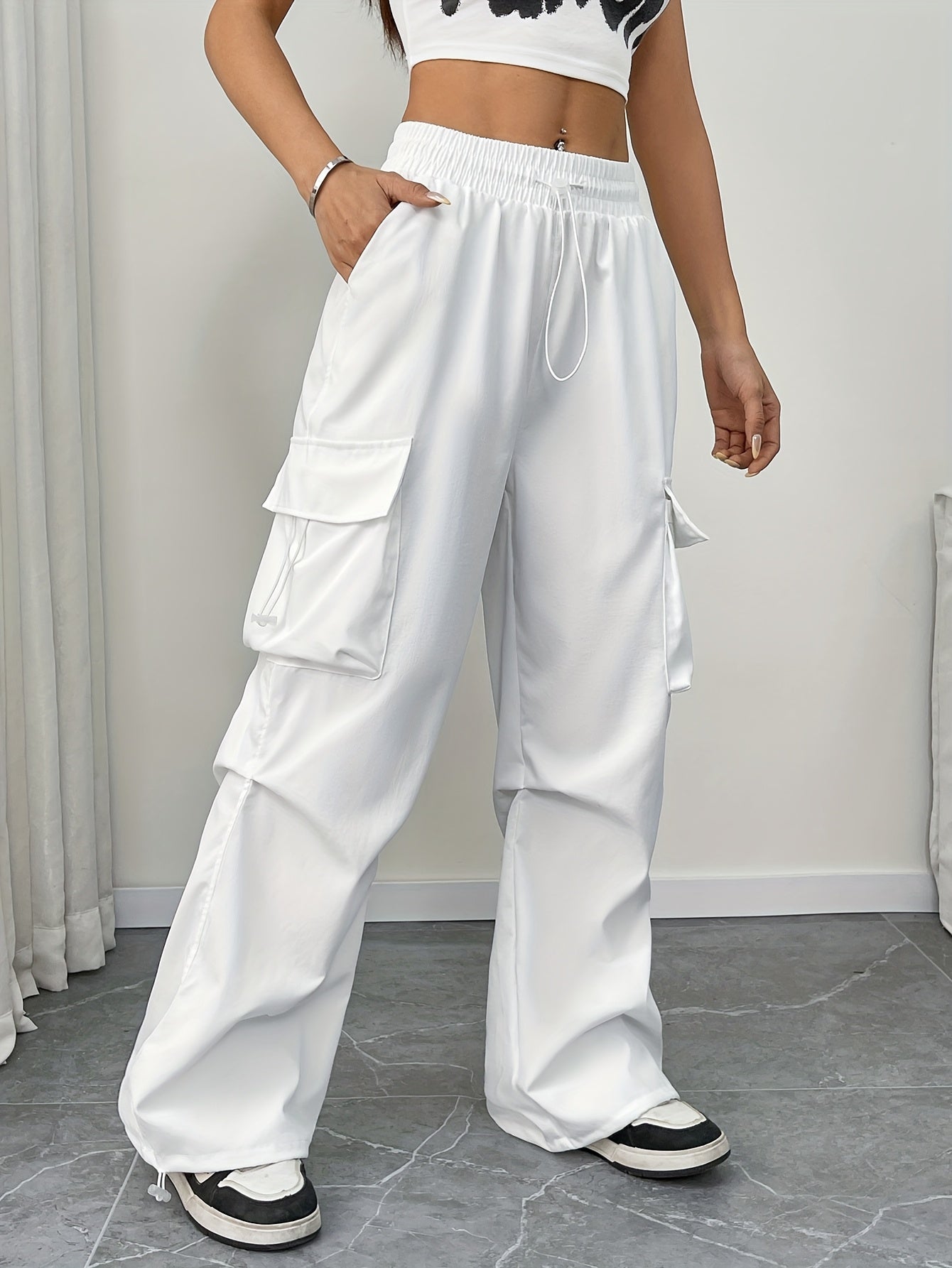 High Waist Drawstring Multi Pocket Wide Leg Cargo Pants