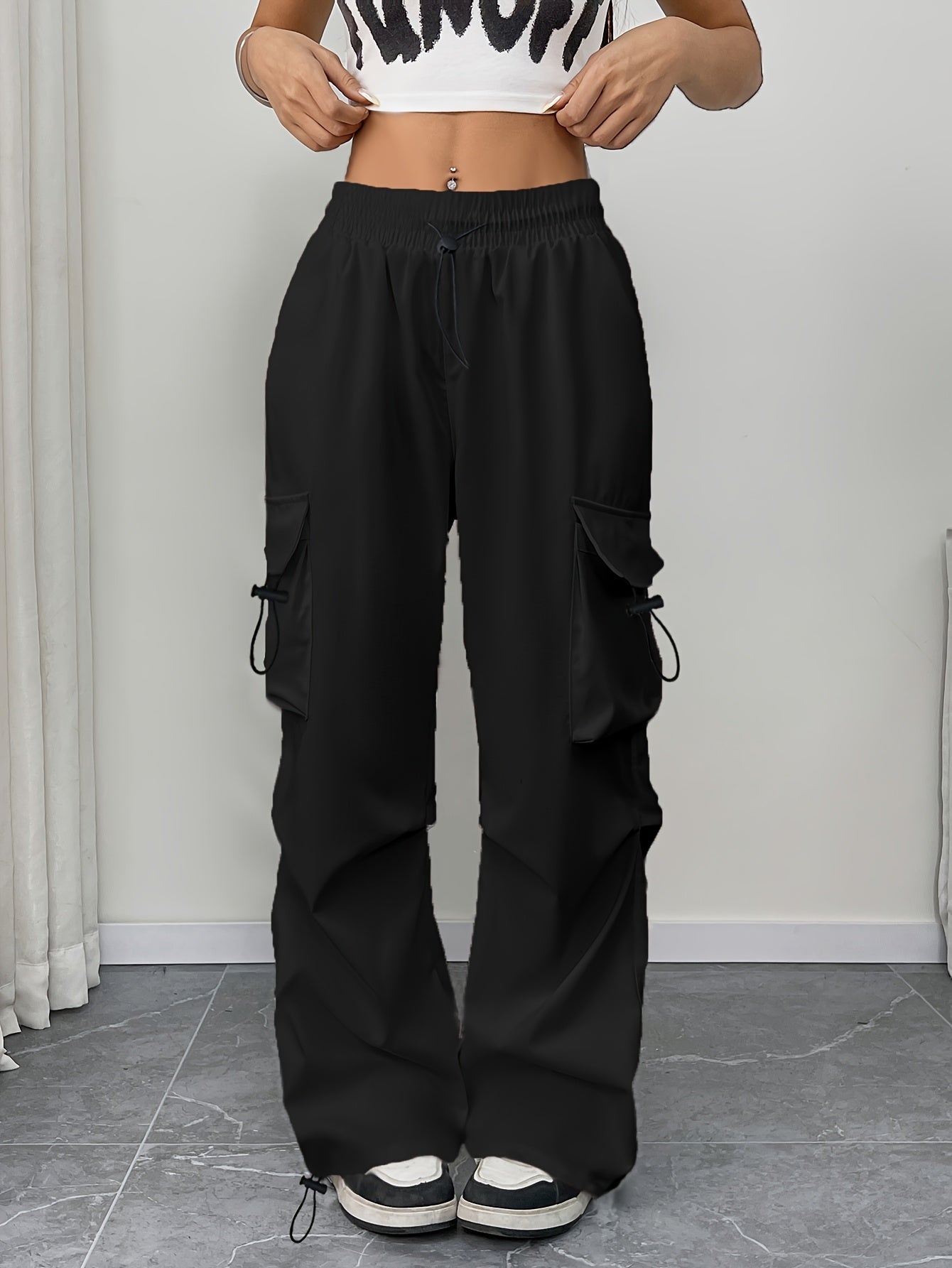 High Waist Drawstring Multi Pocket Wide Leg Cargo Pants