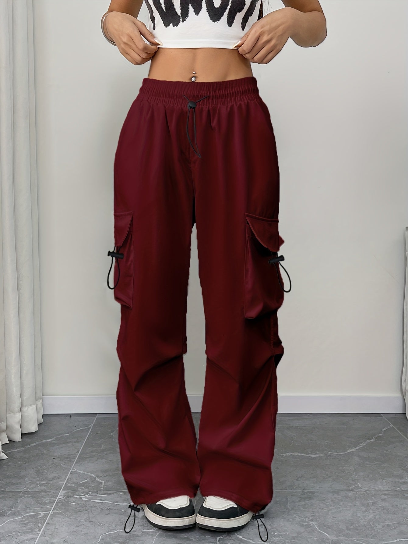 High Waist Drawstring Multi Pocket Wide Leg Cargo Pants