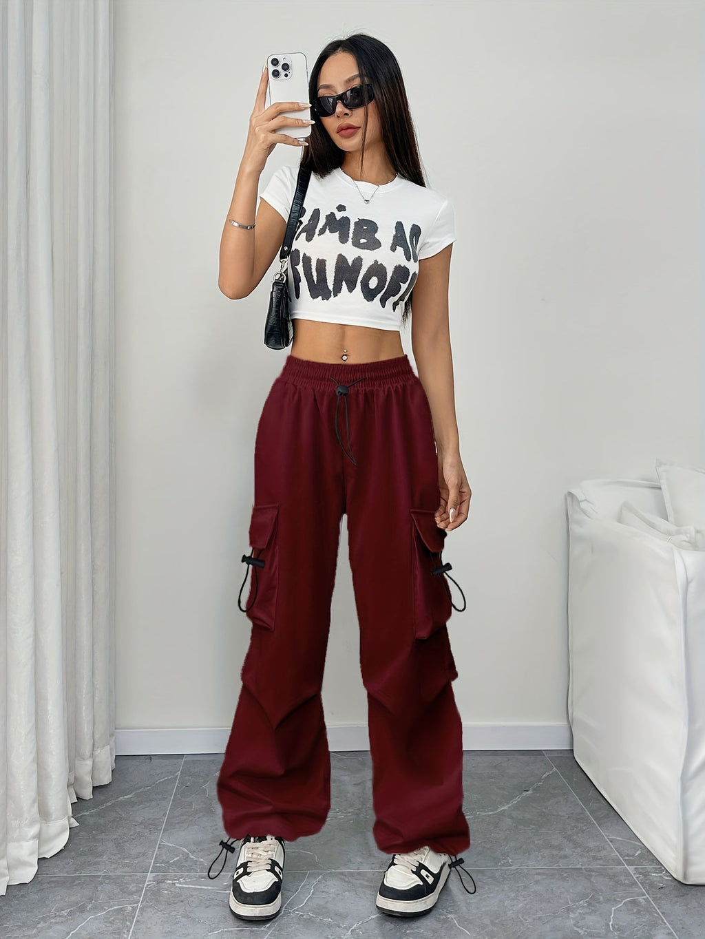 High Waist Drawstring Multi Pocket Wide Leg Cargo Pants