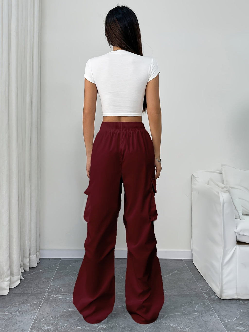 High Waist Drawstring Multi Pocket Wide Leg Cargo Pants